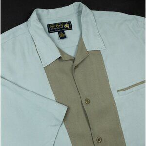 Nat Nast Silk Camp Shirt Men's XL Blue Tan Colorblock Panel Bowling Hawaiian